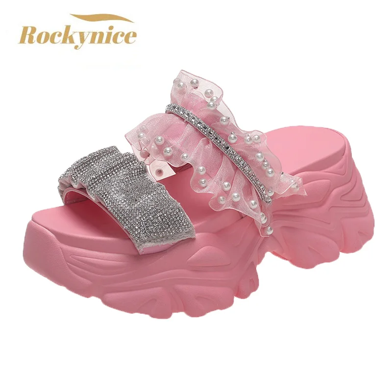

Women Summer Sandals Beach Shoes Crystals Flip-Flops Wedge Heels Shoes Woman High Platform Bling Slippers Outside Sandalias 7cm