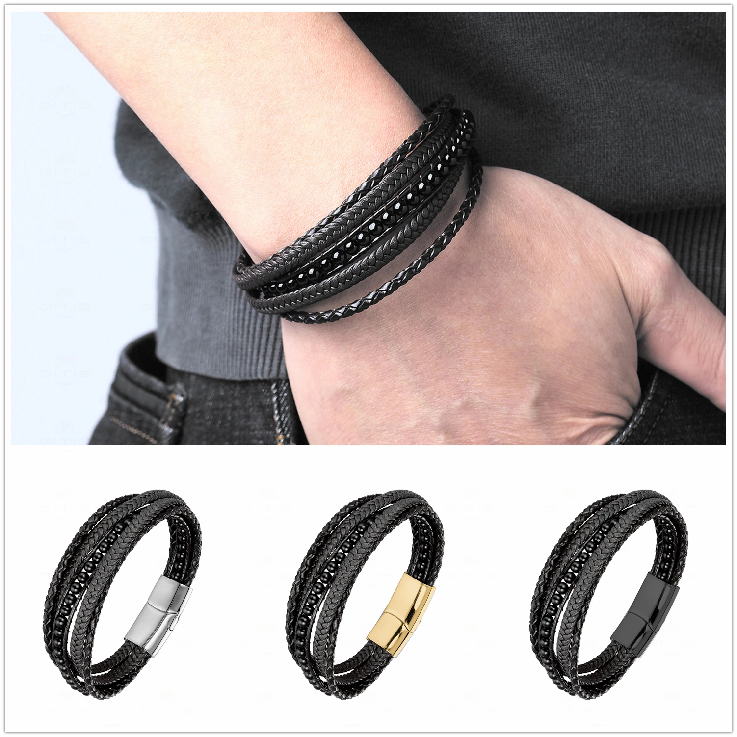 Мужской браслет из натурального камня и кожи нержавеющей стали | Украшения