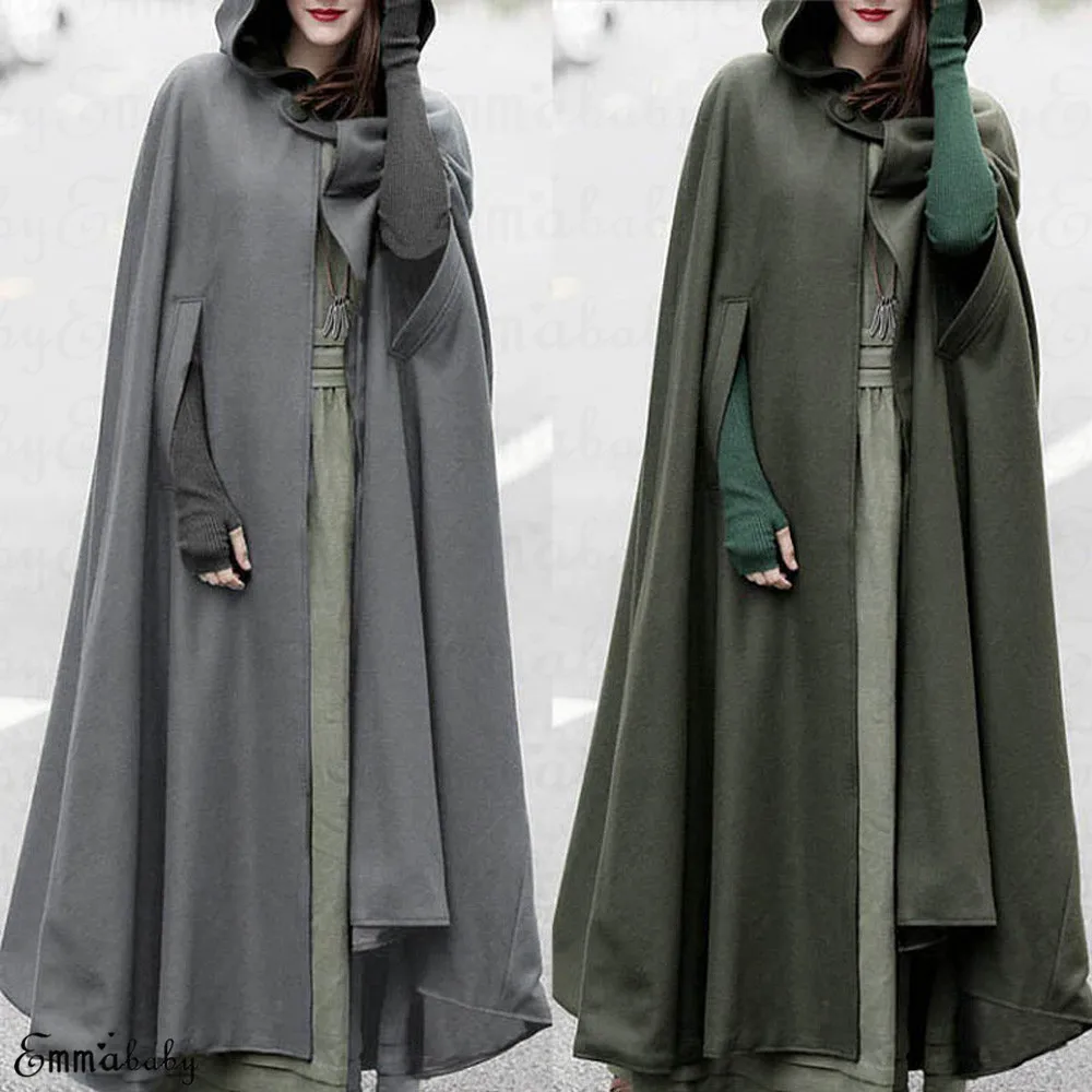 

Fashion Womens Long Cape Cloak Winter Hooded Wool Blend Warm Windproof Overcoats Autumn Poncho Cardigan Spring Autumn Hooded
