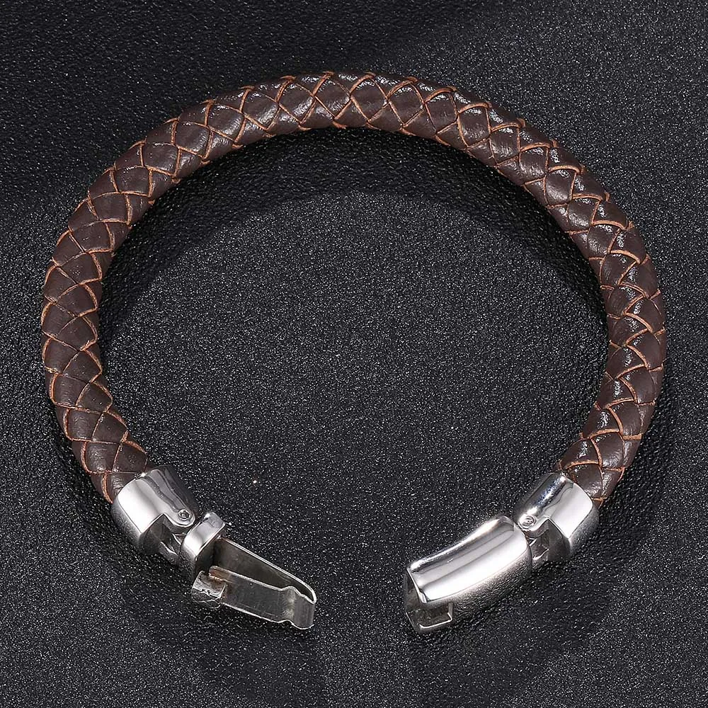 Модный плетеный мужской кожаный браслет Изысканная застежка из нержавеющей