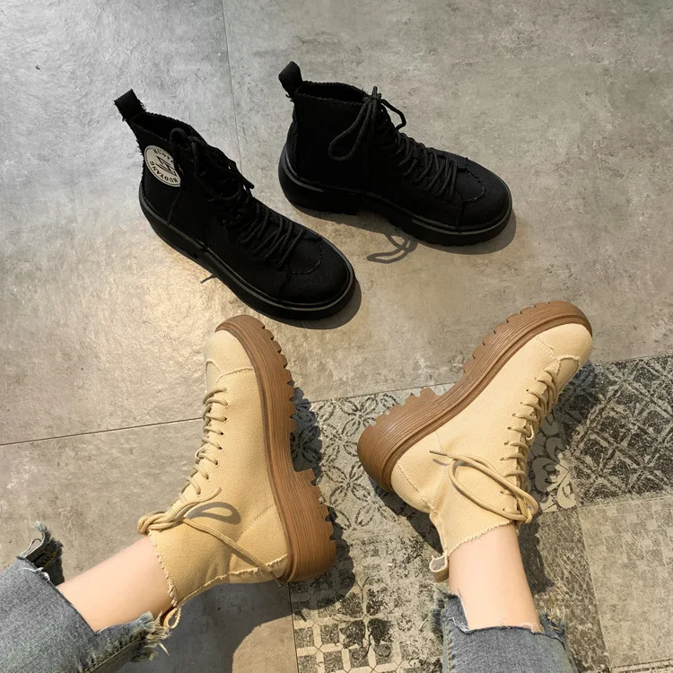 Женские парусиновые ботинки; ботильоны для женщин; Zapatos de mujer; модные однотонные Ботинки martin с круглым носком; повседневные мотоциклетные ботинки
