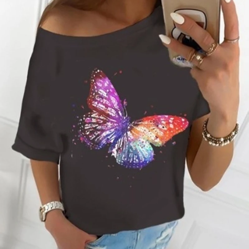 

Butterfly Print Ladies T Shirt Summer O Neck Half Sleeves Tops Design Casual Spring Street Fashion Women's T Shirt