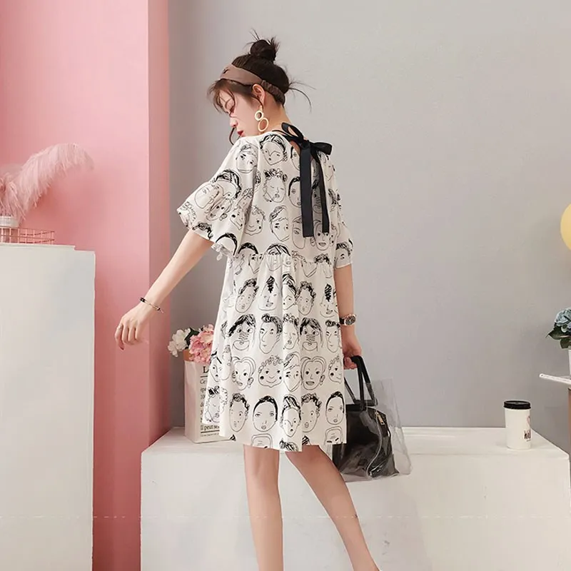 2019 летнее женское повседневное мини платье с О образным вырезом и шнуровкой Kawaii