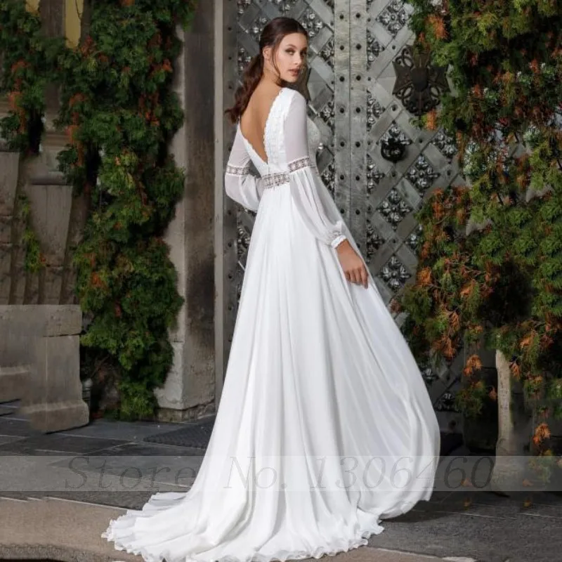 Thinyfull Backless Chiffon New Arrival Wedding Dresses Long Puffy Sleeve O Neck Bride Dresses Lace Appliques A Line Bridal Gown