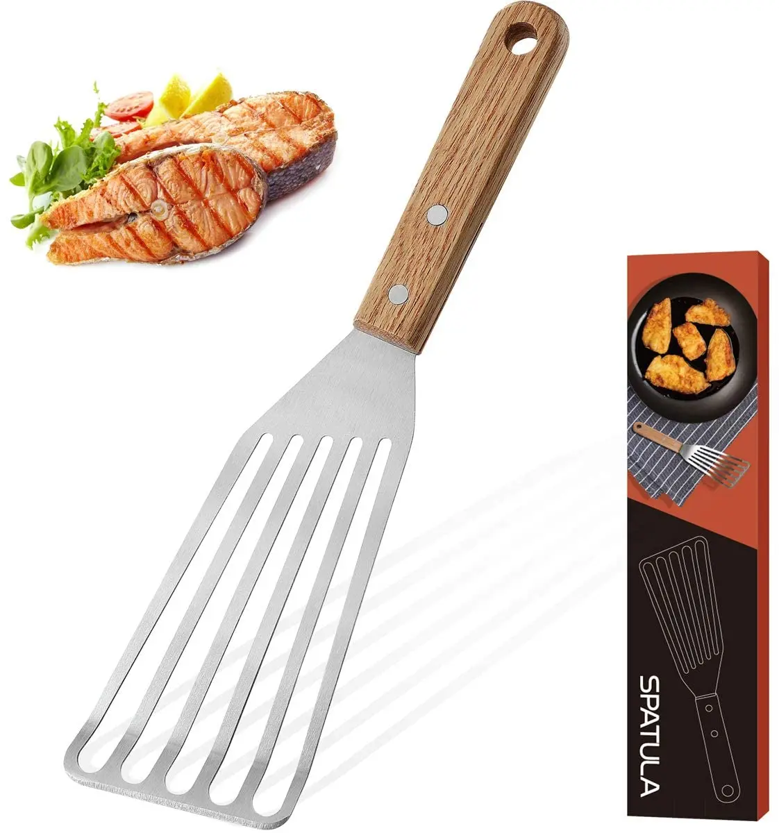 ROMANTICIST Stainless Steel Wide Thin Kitchen Fish Spatula - Lightweight and Durable Slotted Spatula - Beveled-Edged Design Cook