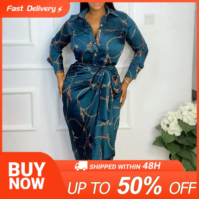 

Women's Printed Shirt Dress Lake Blue Elegant Plus Size Knee-Length Lace-Up Lapel Long Sleeve Blouse Skirt Office 5XL African