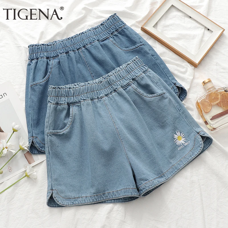 Женские джинсовые шорты с цветочной вышивкой TIGENA корейские высокой талией и
