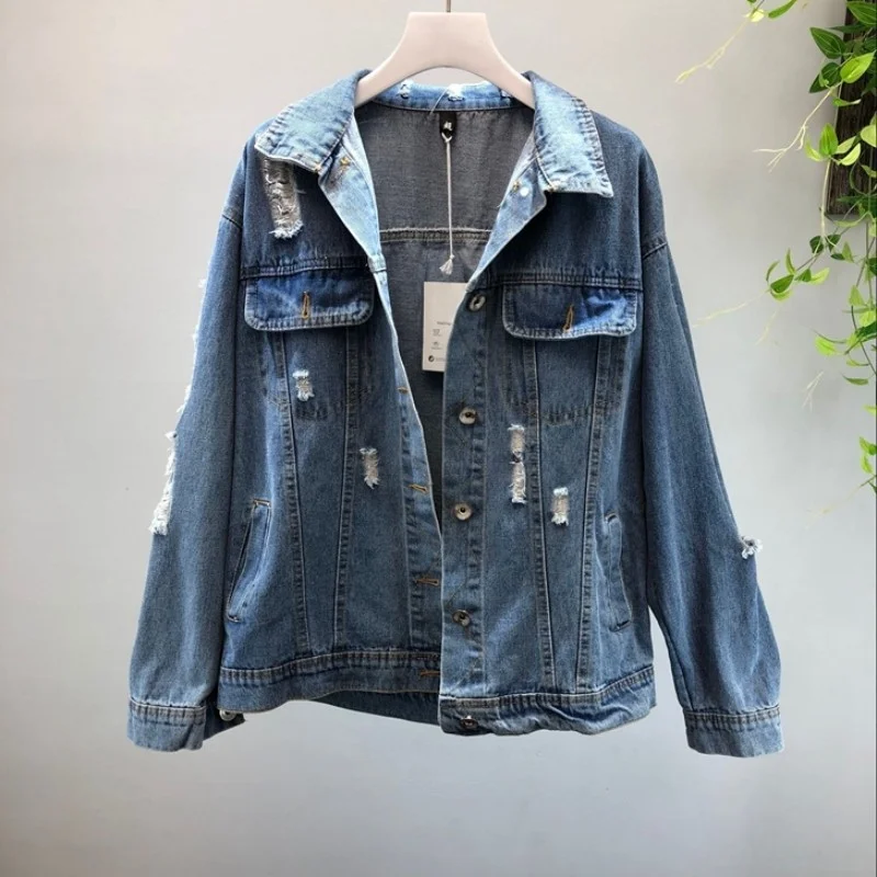 

Street Diamond Tassel Ripped Hole Washed Denim Coat Women Fashion Long Sleeve Turn Down Collar Female Tops Jeans Jackets S-XL