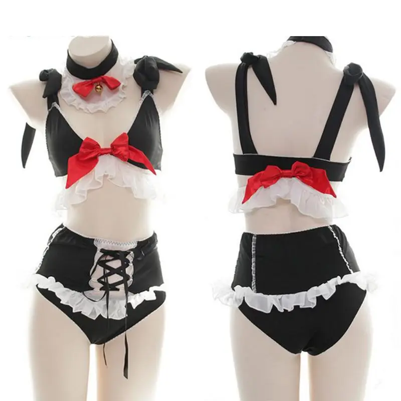 

Women Kawaii Bowknot Maid Cosplay Uniform Lingerie Set Sexy V-Neck Bra Cross Strappy Panties with Chocker Ruffles Lace Nightwear