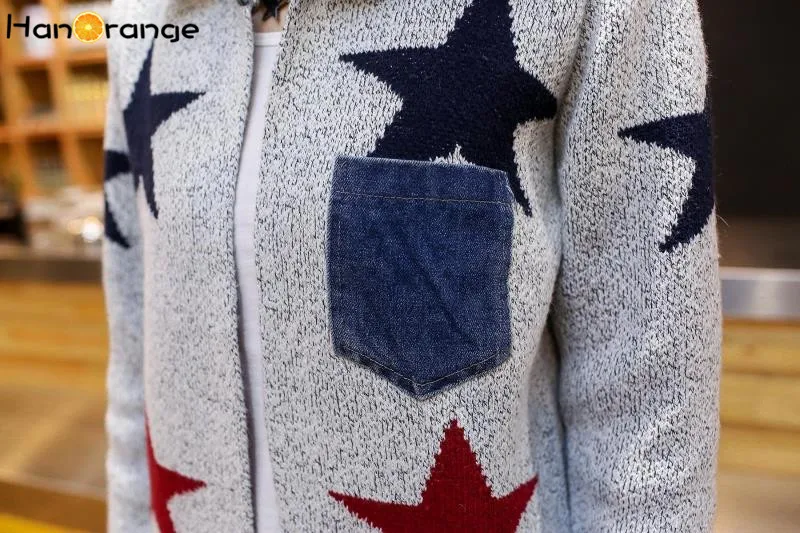 HanOrange Autumn Women Loose Knit Stars Long V-Neck Cardigan Sweater Coat |
