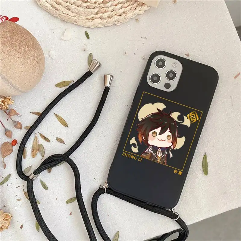 

Genshin impact zhongli xiao hutao Phone Case For iPhone 7 8 11 12 X XS XR MINI Pro Max Plus Strap Cord Chain Lanyard soft