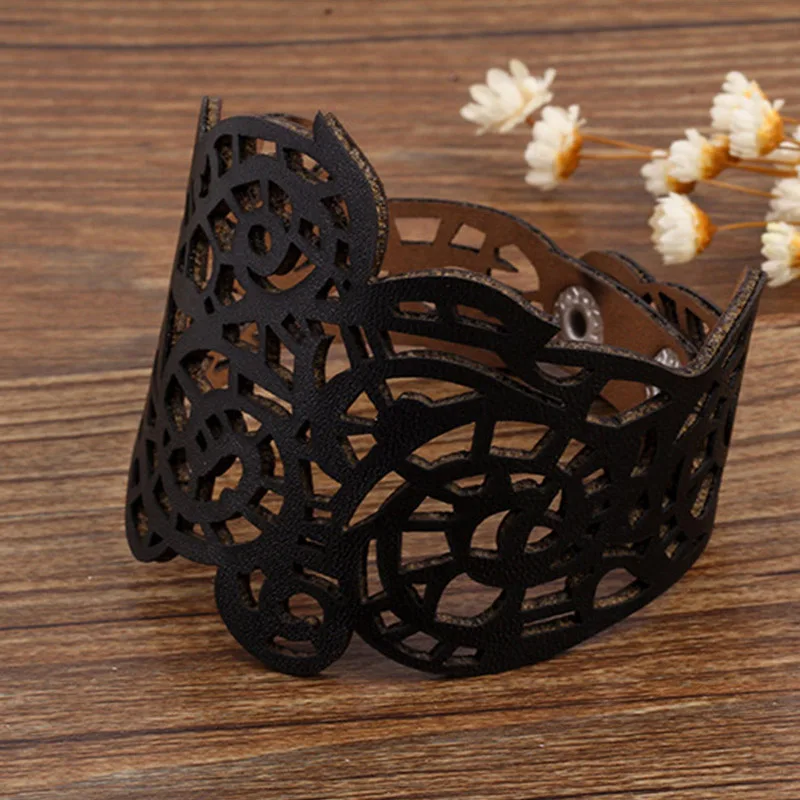 Женский кожаный браслет с полыми цветами Sangsy широкий геометрической формы