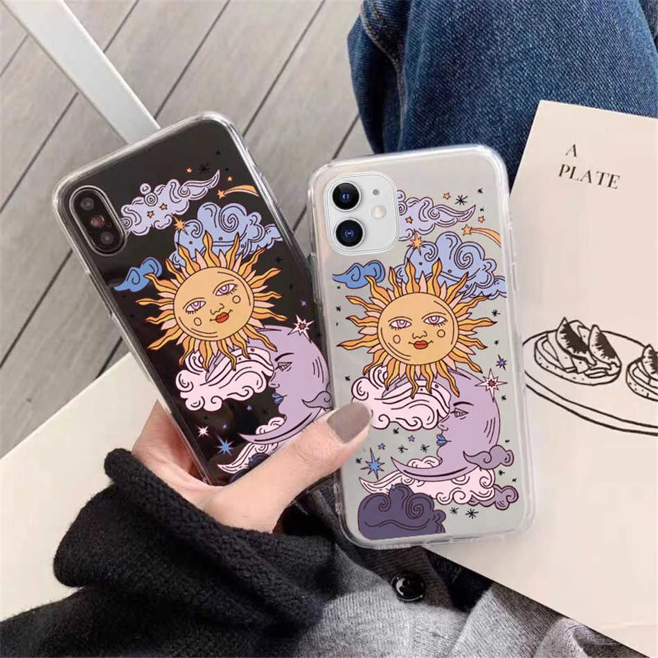 

Kowkaka Funny Sun Moon Face Phone Case For iPhone 12 Mini 11 Pro 7 XS MAX X XR SE 2020 8 6 6s Plus Clear Cute Silicone Shell