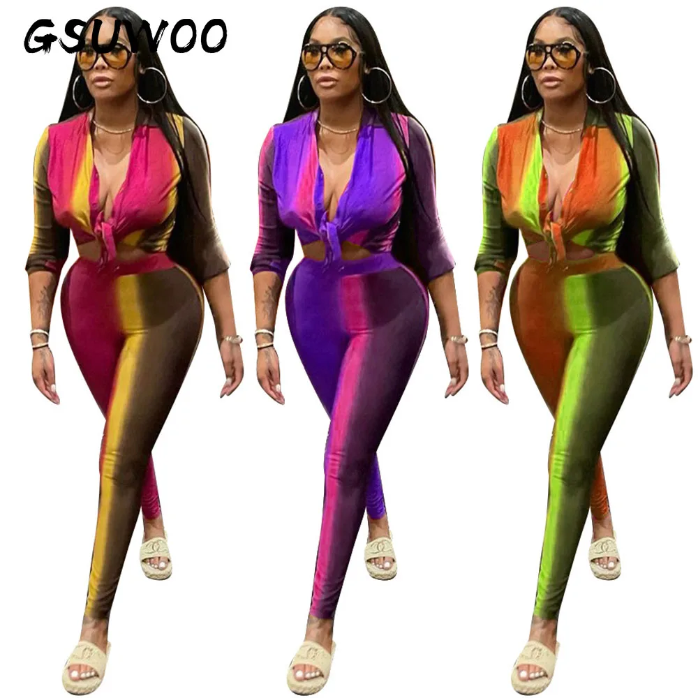

GSUWOO Printed Knotted Shirt Leggings Casual Women's Two-piece Suit Autumn Spring Long Sleeve Crop Top Pants Tracksuit Outfits