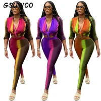 gsuwoo printed knotted shirt leggings casual womens two piece suit autumn spring long sleeve crop top pants tracksuit outfits