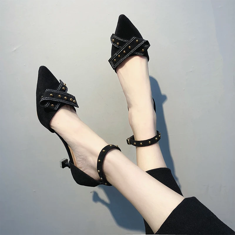 

2021 Spring New Shoes Women Pointed Toe Buckle Summer High Heels Stiletto Rivet Solid Blue Fashion Single Shoes Female