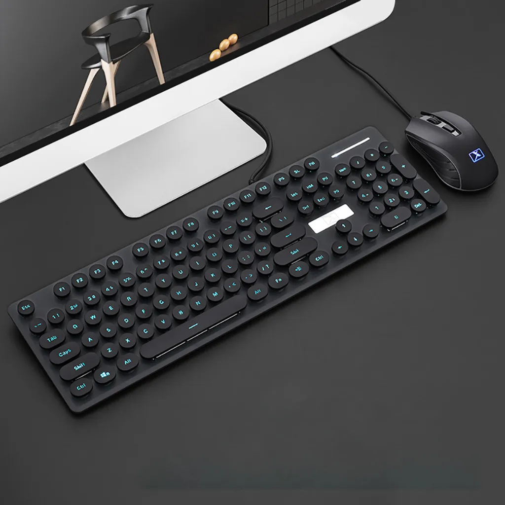 

Punk Robot Wired Keyboard And Mouse Set Round Key Cap For PC Low Noise Desktop Office Entertainment Laptop Silent Keys