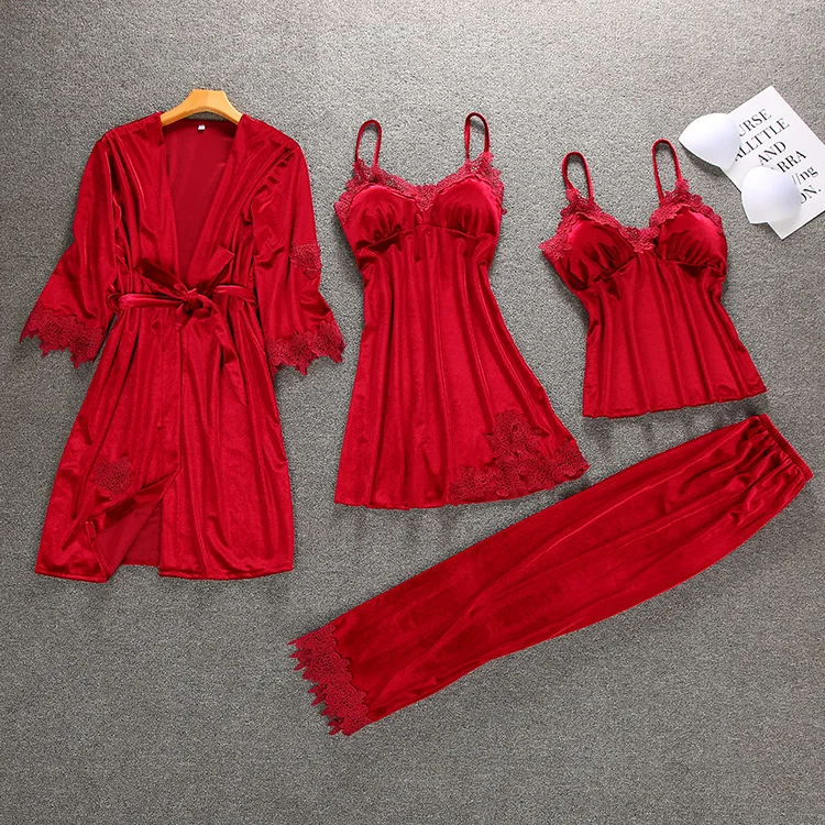 Осенне зимний теплый пижамный комплект из 4 предметов Женская пикантная Пижама