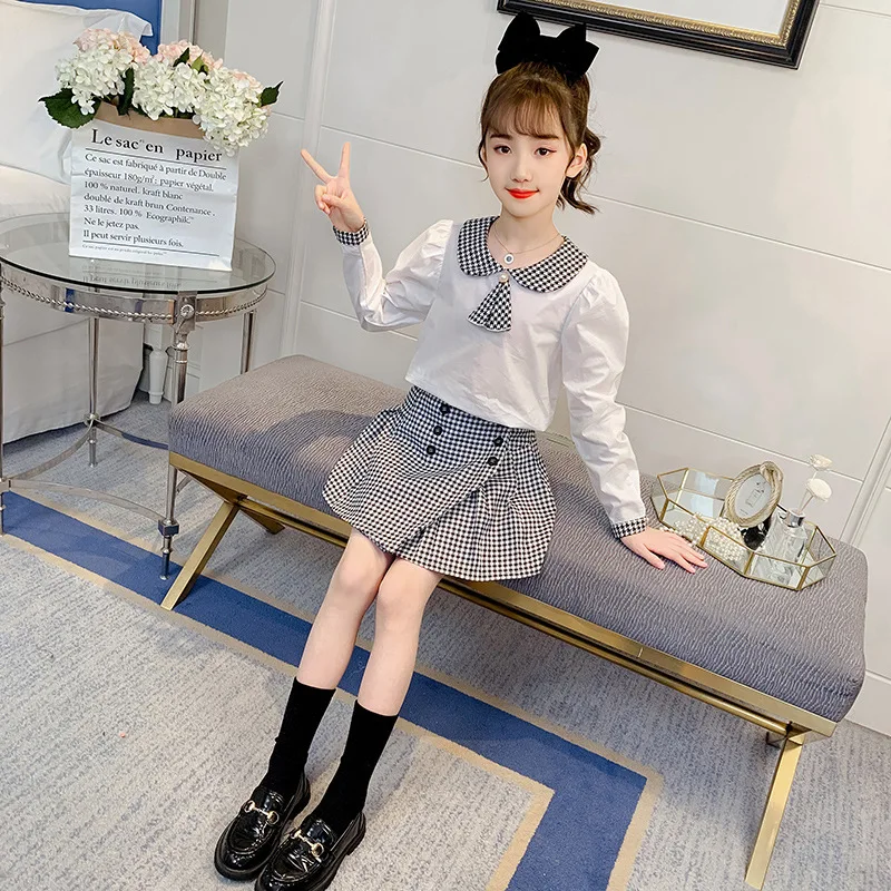 

Girls' suit 2021 summer new style plaid college wind pleated skirt two-piece suit for children in large and large