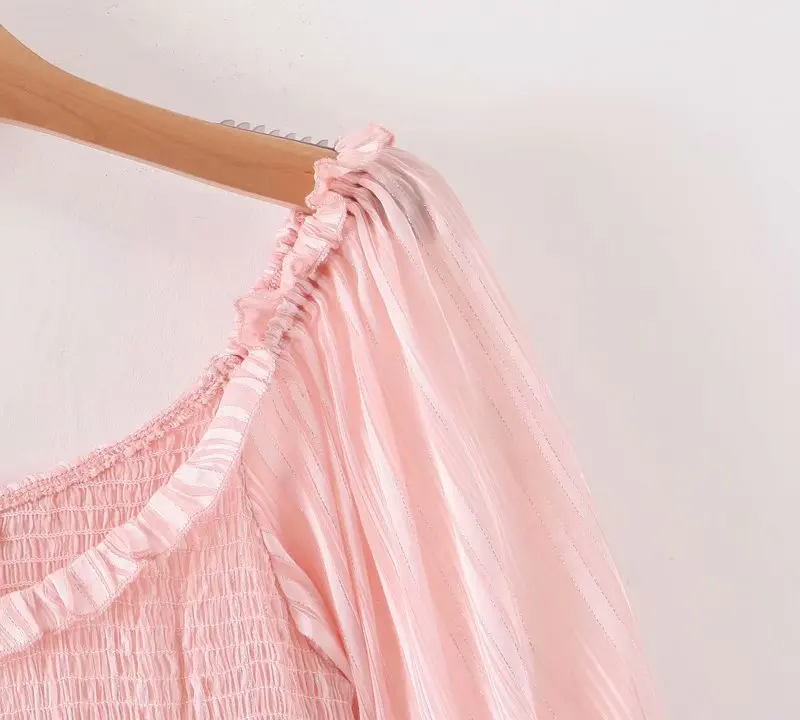 Linjiashop Loveshackfancy autumn pink dress short sleeve vintage slim special chiffon ruffles mini dress dropshipping