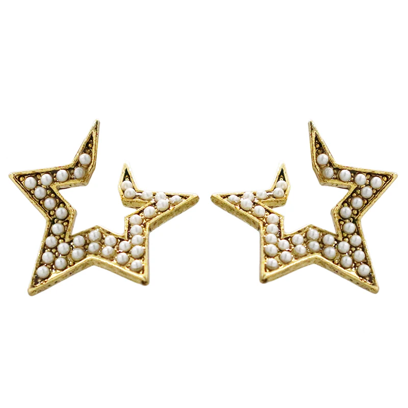 

Vintage golden metal pearl shaped five-pointed star all-match earrings
