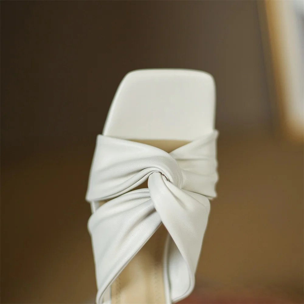 Kanseet Pleated Design 2021 Summer Women Shoes Round Heels Slippers Square Toe Soft Microfiber Leather High Heel Female Footwear