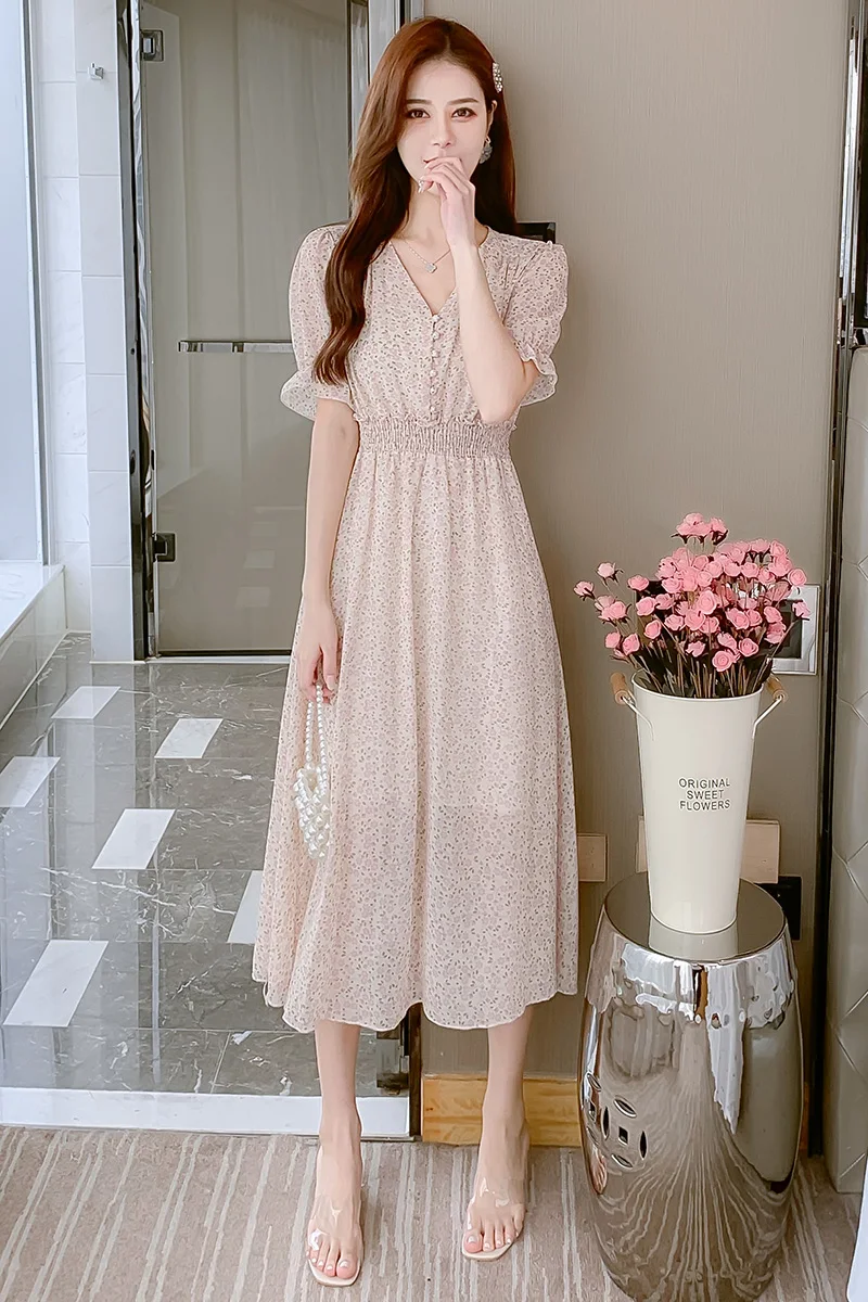 

COIGARSAM French Style Floral Print Women Long dress New Chiffon Dresses 8337