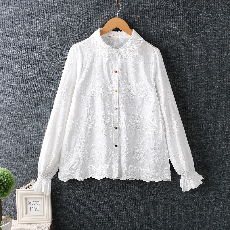 

2021 New Spring Women Blouse Japan Style Mori Girl Fresh Lace Turndown Collar Embroidery White Long Sleeve Cotton linen Shirt