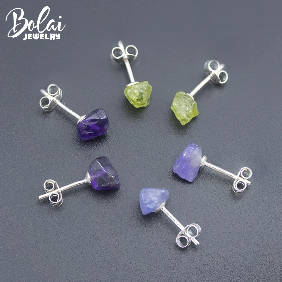 

Natural Rough Gemstone Stud Earrings 925 Sterling Silver Original Amethyst Peridot Tanzanite Handmade Jewelry for Women Girl New