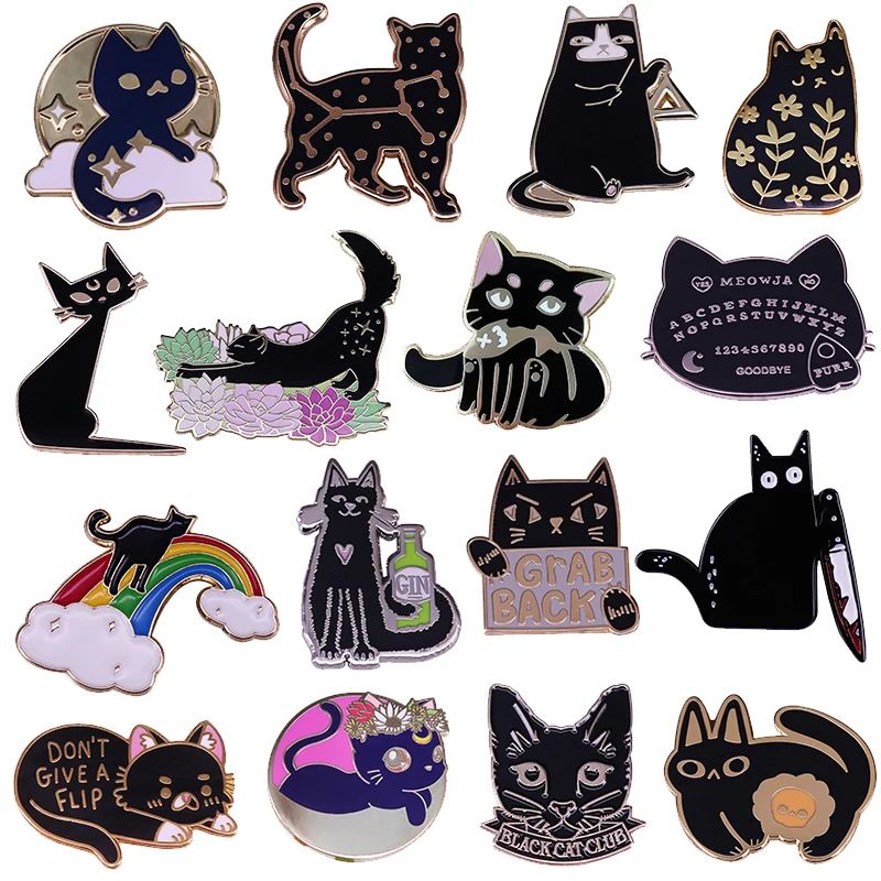 Черная кошка эмали штырь милые значки с животными Хэллоуин аксессуар Crazy Cats леди