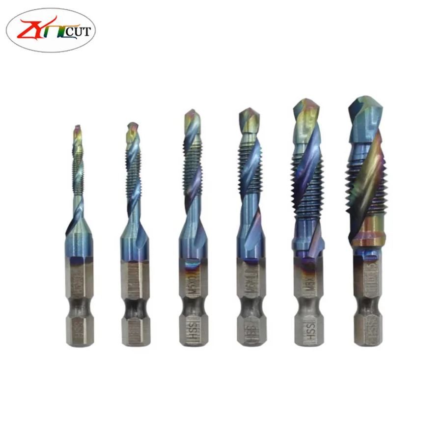 6Pcs  M3 M4 M5 M6 M8 M10 Hand Tools Hex Shank Titanium Plated HSS Screw Thread Metric Tap Drill Bits Screw Machine Compound tap