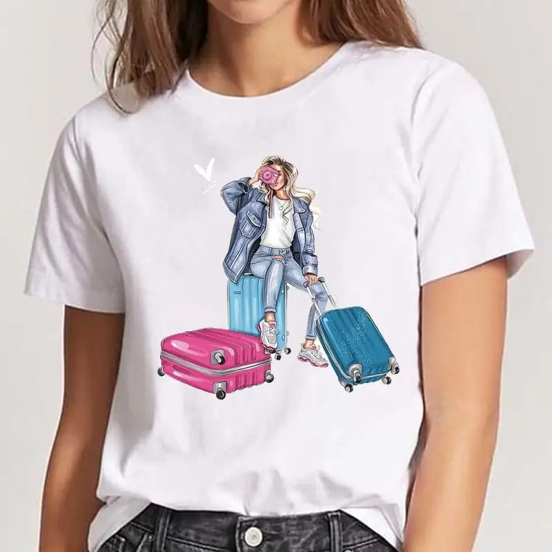

Футболка женская с коротким рукавом, модный топ с графическим принтом для отпуска, мультяшный рисунок, обычная одежда для путешествий