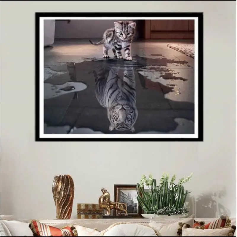 

5d Diy Diamond Painting Cross Stitch Animal New Handicrafts Cat Reflection Tiger Diamond Embroidery Mosaic European Home Decor