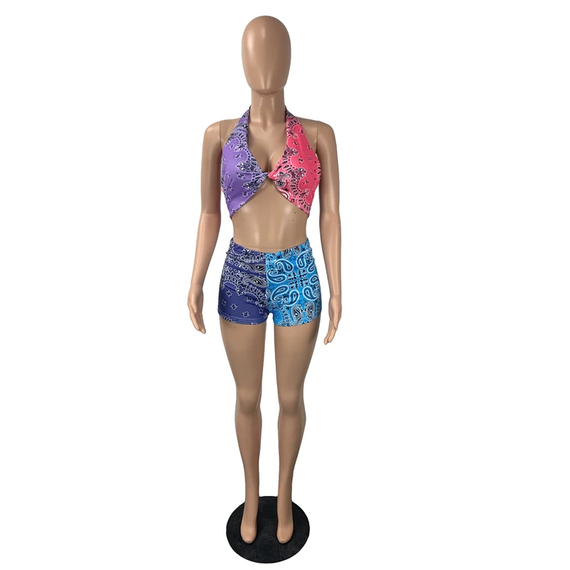 

Summer Matching Sets for Women Two Piece Set Sleeveless Halter Crop Tops Backless Sexy Biker Shorts Set Wholesale Dropshipping