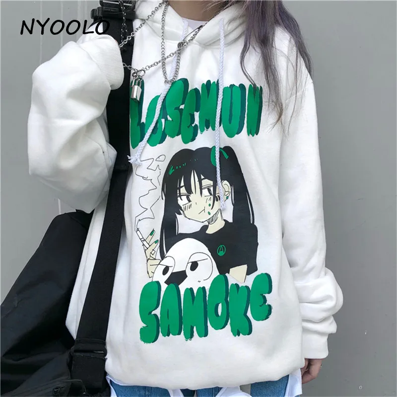 NYOOLO Harajuku стиль аниме девушка буквы печати Свободные теплые толстовки осень зима с капюшоном плюс бархат пуловер Толстовка для женщин мужчин - Цвет: Белый