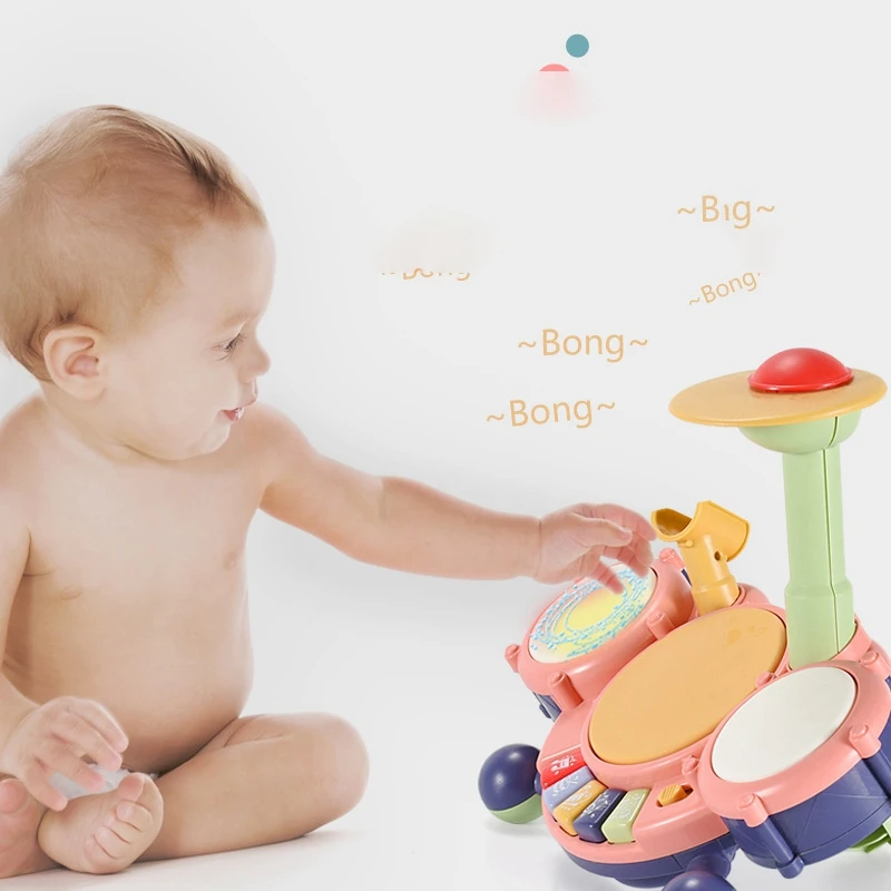 

Beginners Musical Drum Kit Play Set Microphone Light Features Music and Sounds for Baby Toy