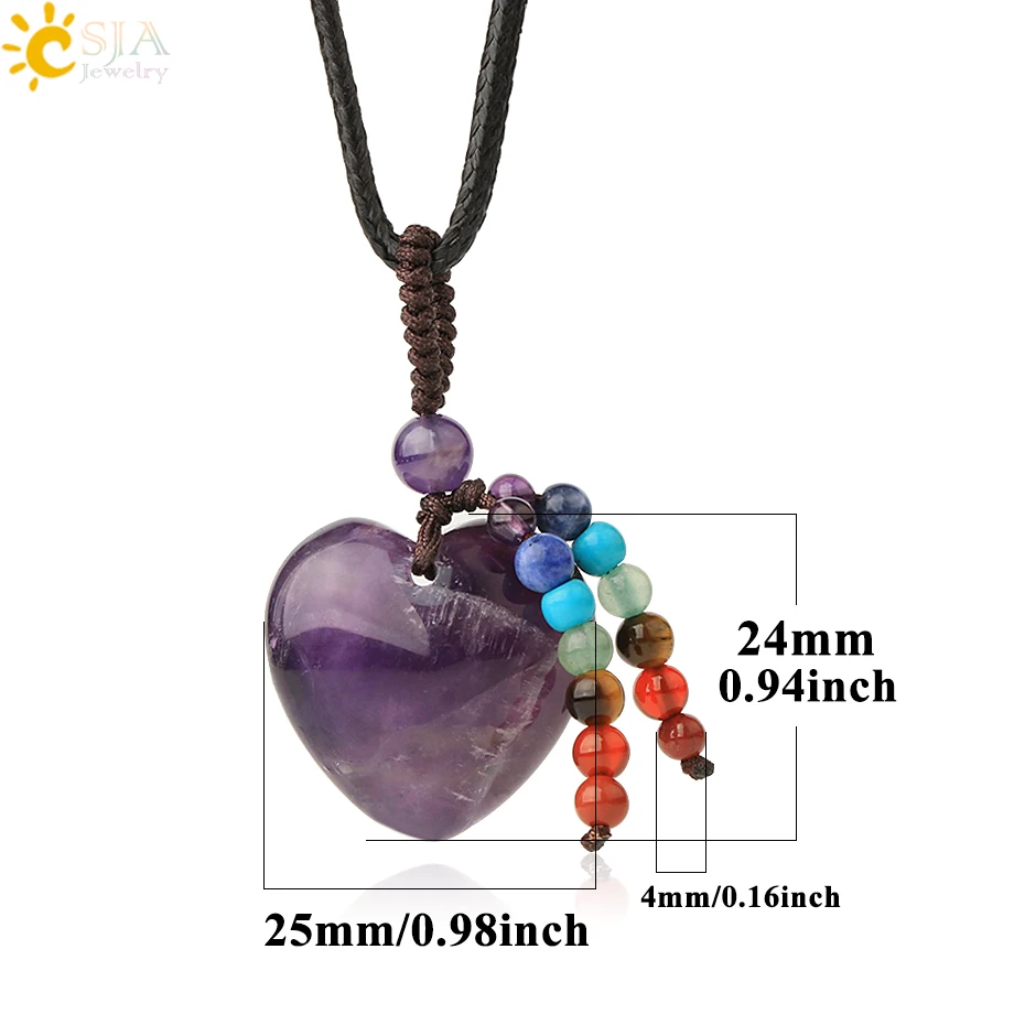 CSJA Natural Stone Heart Pendants 4mm Reiki 7 Chakra Bead Tassel Charm Healing Pink Quartz Crystal Black Necklace Women Men G536 | Украшения