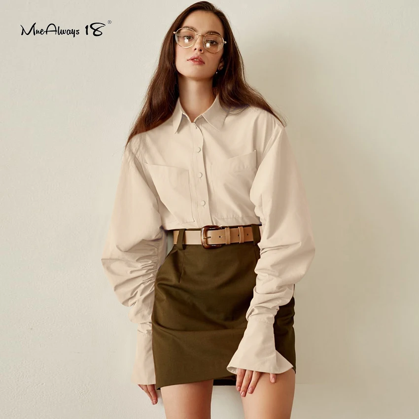 

Рубашка Mnealways18 с рукавами-фонариками, Классическая, с отложным воротником, модель 2022 года, женские офисные топы со складками, весна