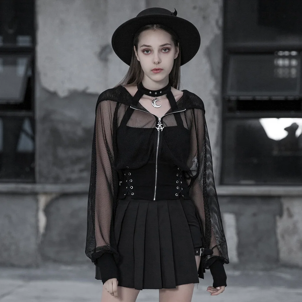 PUNKRAVE женский Готический короткий жакет с поясом шляпа колдун прозрачная