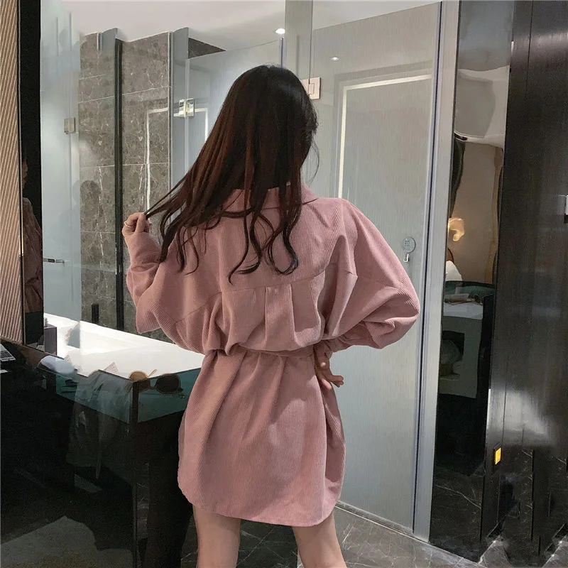 

women long shirt sash corduroy high street Female Loose ivory pink solid turn down collar long sleeve full sleeve tops