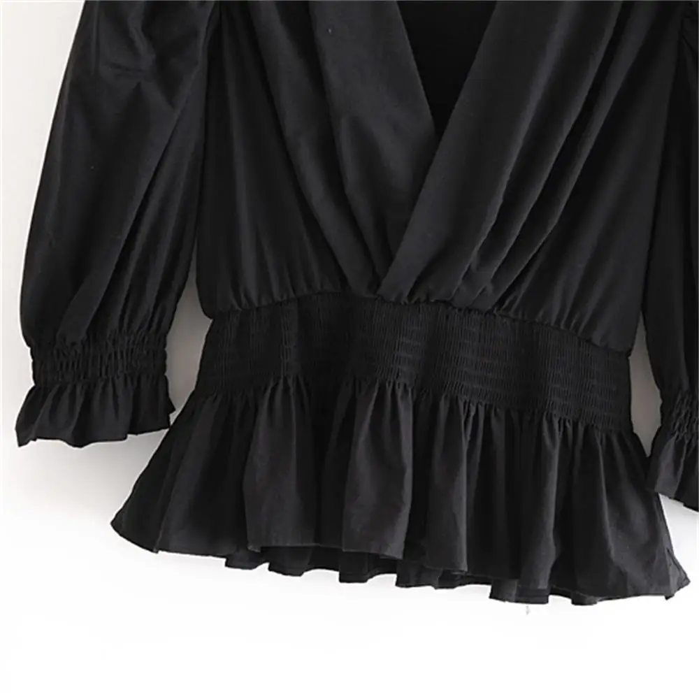 

2020 autumn elastic waist poplin V-neck pleated puff sleeve waist ruffled black shirt top