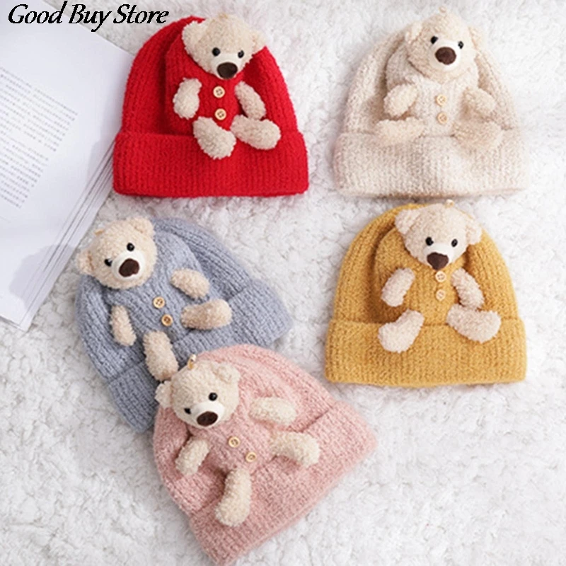 Теплая шапка бини Lovely Bear для осени и зимы Детская Вязаная Мягкая однотонная Милая