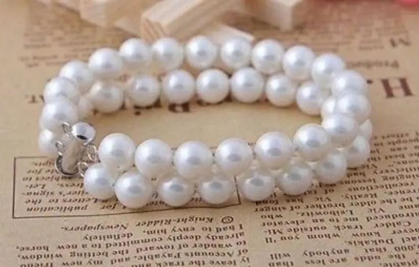 Бесплатная доставка&gt 2 ряда 8 мм белый жемчужный браслет из жемчуга в виде