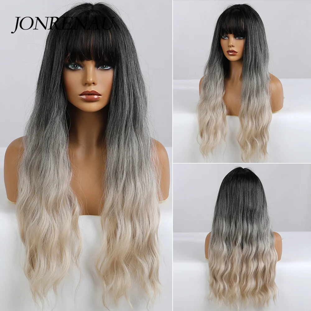 

JONRENAU Ombre Dark Root To Blonde Platinum Long Wavy With Bangs Hair Wig Cosplay Natural Heat Resistant Synthetic Wig for Women