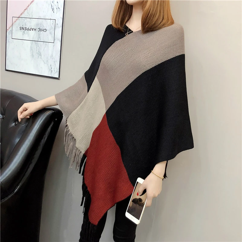

Spring Winter Women Shawl Style Sweater Casual Warm Batwing Long Sleeve Tassel Contrast Long Knitted Pullovers Cardigans Ladies