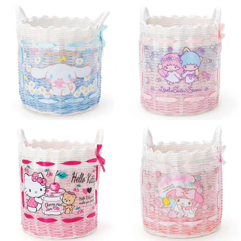 

Plastic Rattan Woven Storage Basket Japanese Cartoon Cat Household Debris Multifunction Circular Knitting Laundry Organization