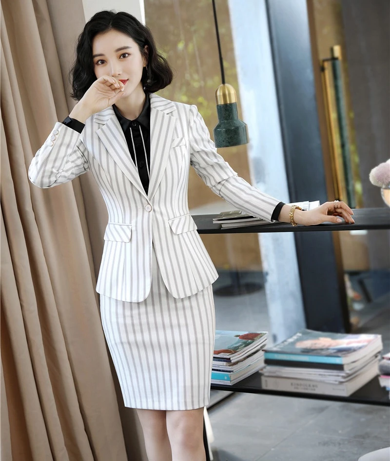 Модные Полосатые деловые профессиональные женские костюмы с юбкой и топом для