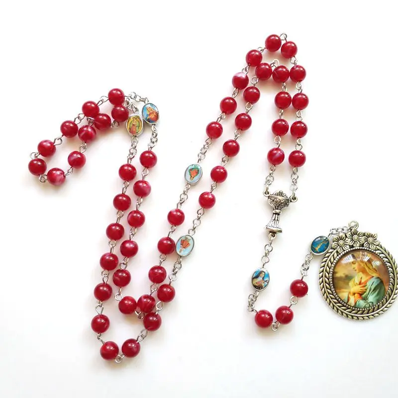 

QIGO Catholic Red Acrylic Beads Strand Necklace Virgin Pendant Religious Jewelry For Men Women