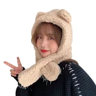 Новинка, шарфы с капюшоном с милыми медвежьими ушками, женские утепленные зимние шарфы из искусственной шерсти, женская шапка из овечьей шерсти, удобные теплые шапки, шапки