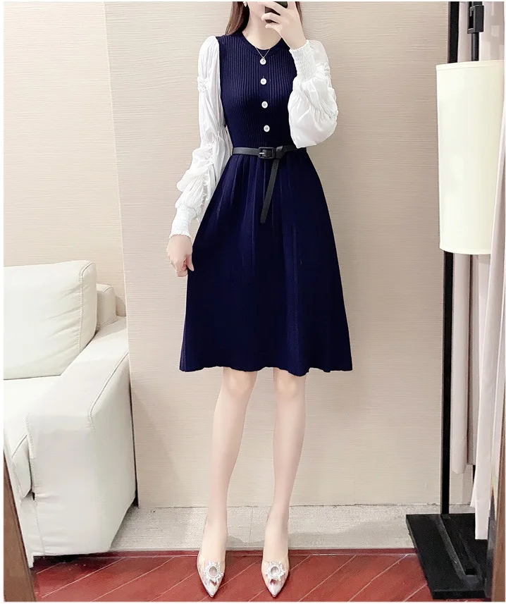 

Трикотажное платье женская осенняя и зимняя одежда новый стиль тонкий шифоновый рукав базовая линия платье-свитер